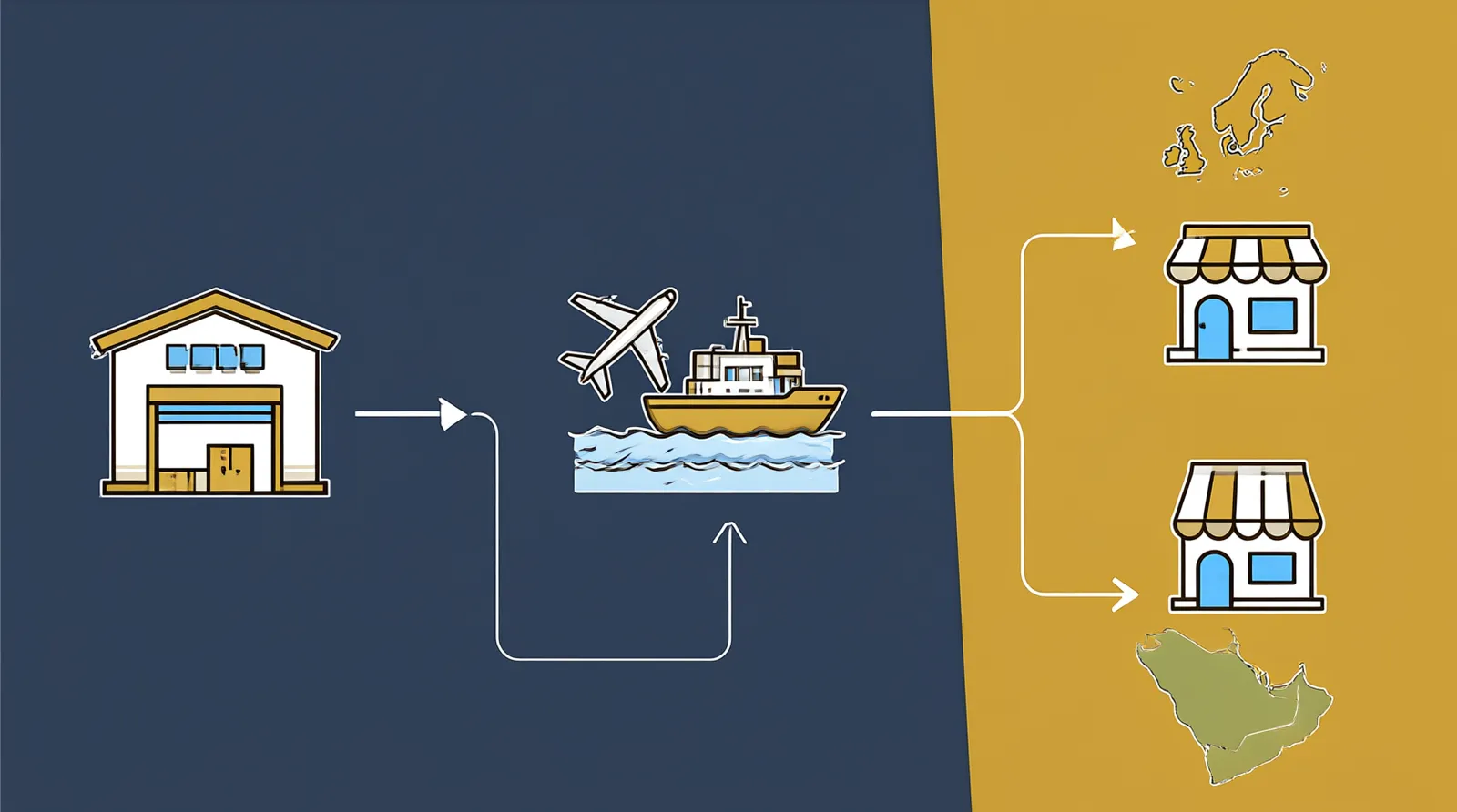 السوق الايراني دبي - رسم توضيحي معلوماتي (Infographic) يوضح مسار سلسلة التوريد من ورشة التصنيع في هانغتشو مروراً بخيارات الشحن الجوي والبحري وصولاً إلى متاجر التجزئة في أوروبا والشرق الأوسط