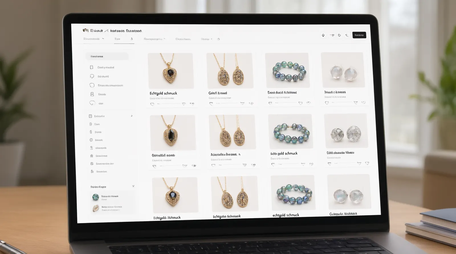 echtgold schmuck - Annotated UI mockup of a B2B jewelry sourcing dashboard on a laptop screen, displaying a stock catalog grid with filter options for materials like gold-plated copper and glass beads, order quantity inputs, and shipping term selectors, soft office lighting