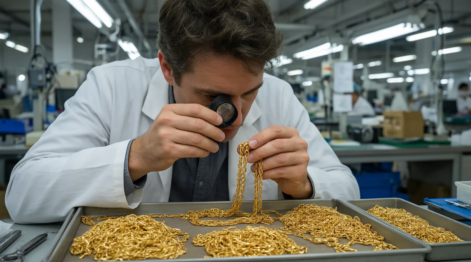 jewelry unlimited - A photorealistic editorial photo of a sourcing agent inspecting a tray of 10K and 14K gold chains under magnification in a brightly lit Chinese factory inspection room, verifying link integrity before approving a sample shipment