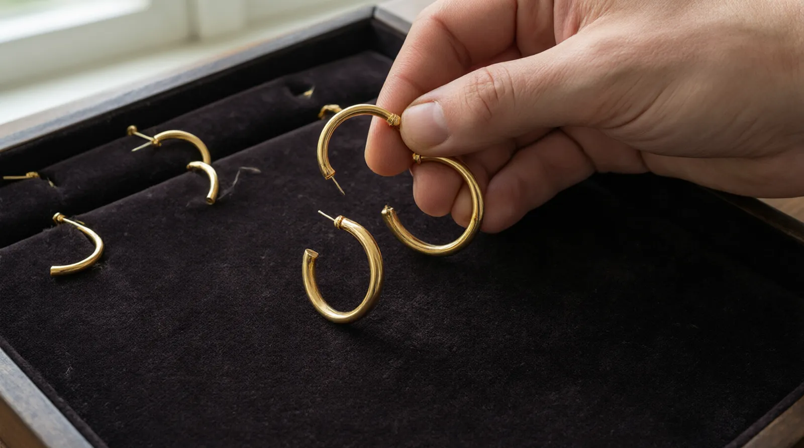 14k gold earrings - Photorealistic close-up shot of a jeweler's hand holding a pair of solid 14k gold hoop earrings against a dark velvet tray, natural window light highlighting the metal finish, shallow depth of field, documentary photography style