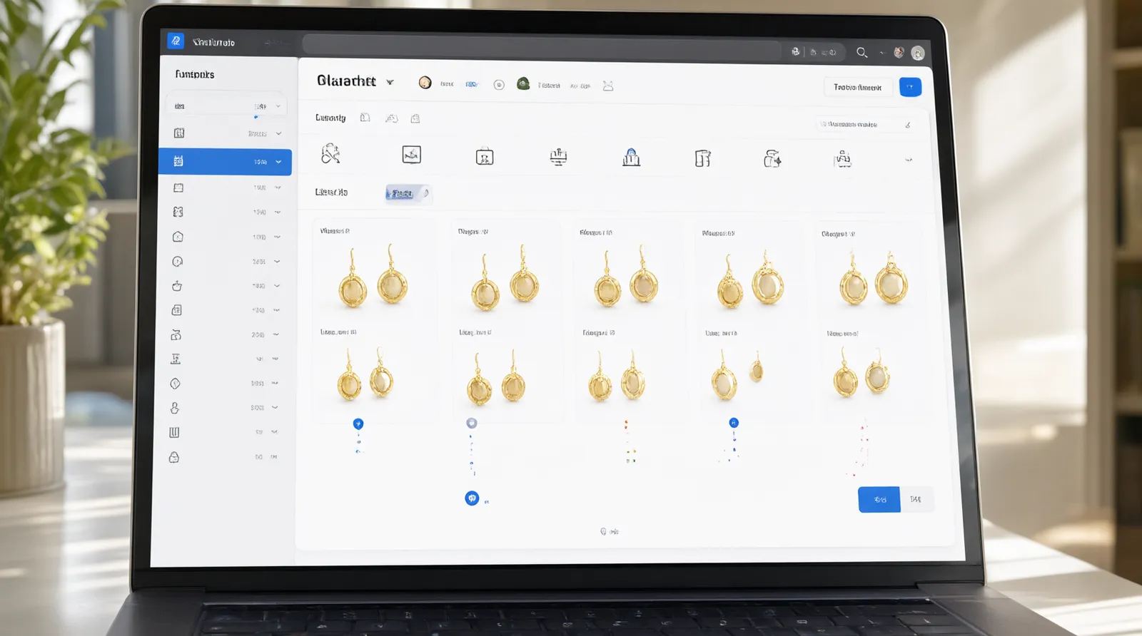 14k gold earrings - Annotated UI mockup of a B2B sourcing dashboard on a laptop screen, displaying a product page for 14k gold earrings with tabs for "Factory Certifications," "MOQ Tiers," and "Sample Status," clean interface with sidebar navigation, soft daylight reflection on the screen