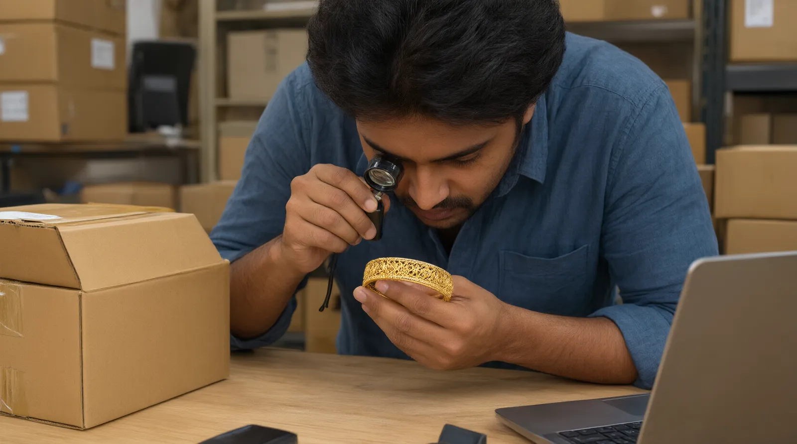 indian jewelry - Photorealistic scene of a US-based e-commerce fulfillment desk where an operator inspects a 22K gold filigree bangle under a jeweler's loupe next to a printed FTC compliance checklist and a shipping label bound for a domestic customer
